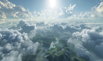 Beautiful dramatic clouds over the landscape background wallpaper. Scenic dark epic cloudscape panoramic aerial view. Sunny sky, horizon, fluffy clouds. - obrazy, fototapety, plakaty
