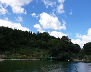 Green trees, blue sky and clouds and river