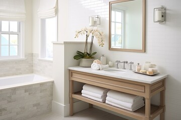 Fototapeta na wymiar Seaside Serenity: Coastal Bathroom With Fresh Clean White Tiles and Sea-Inspired Accents