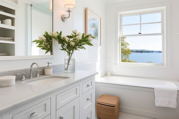 Seaside Splendor: Coastal Bathroom Design with Fresh Clean White Tiles and Sea-Inspired Accents