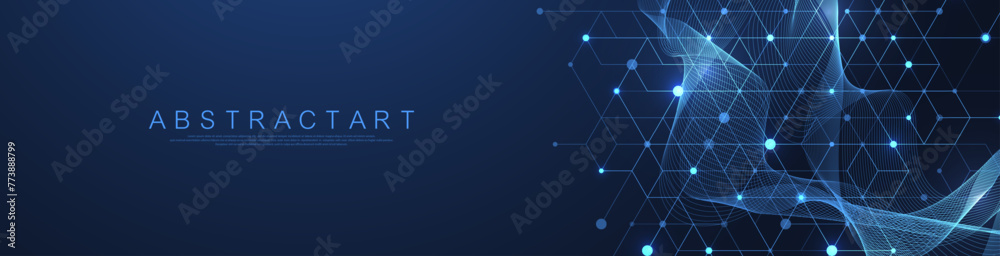 Poster Technology abstract lines and dots connect background with hexagons. Hexagons connection digital data and big data concept. Hex digital data visualization. Vector illustration