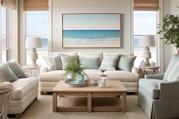 Beach Inspired Coastal Cottage Living Room: Comfortable Seating & Light Woods