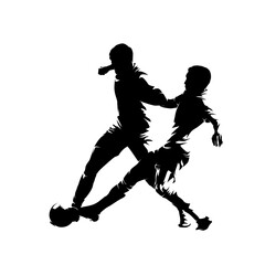 Soccer, two football players with ball, isolated vector silhouette. Soccer logo