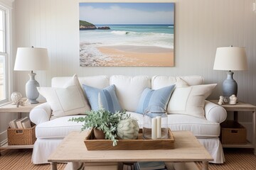 Coastal Cottage Living Room Ideas: Coastal Artwork, White Slipcovered Sofa, Woven Rugs Inspiration