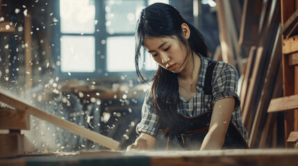 Girl carpenter in the workshop, on a pleasant sunny day, Generative AI. - obrazy, fototapety, plakaty