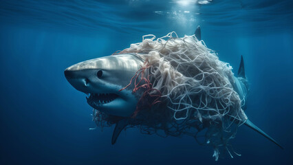 Shark with netting caught on its head underwater.