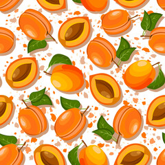 Apricots on a colorful background.Vector pattern of whole and cut apricots on a colorful background.