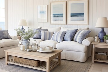 Coastal Cottage Living Room Ideas: Coastal Prints, Soft Furnishings, Whitewashed Walls Inspo
