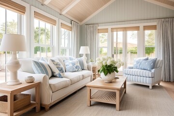 Nautical Accents: Coastal Cottage Living Room Ideas with Light Wood Furniture & Airy Curtains