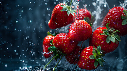 A bunch of ripe big strawberries with water droplets, falling into a deep black water tank