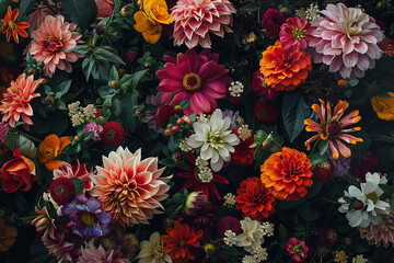 Fototapeta na wymiar A bountiful bouquet bursting with colorful dahlias, zinnias, and carnations.
