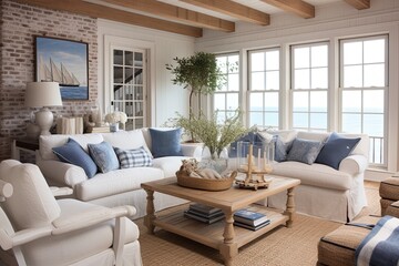 Fototapeta premium Seaside Charm: Coastal Cottage Living Room Ideas with Nautical Theme and Cozy Throws