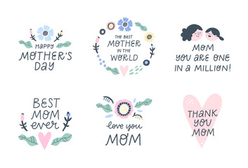 Set of mother's day quotes with hand lettering. Uses it for emblem, badges, mug, social media posts - 773889757