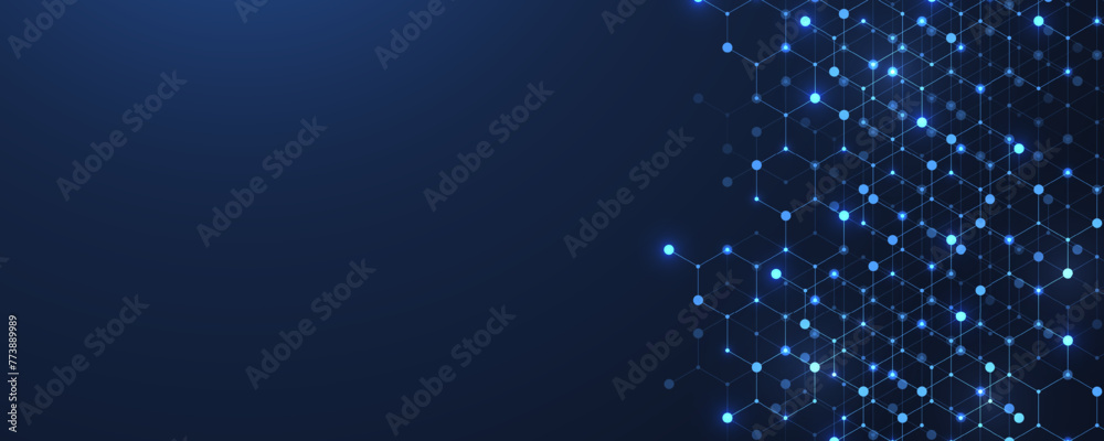 Poster Technology abstract lines and dots connect background with hexagons. Hexagons connection digital data and big data concept. Hex digital data visualization. Vector illustration