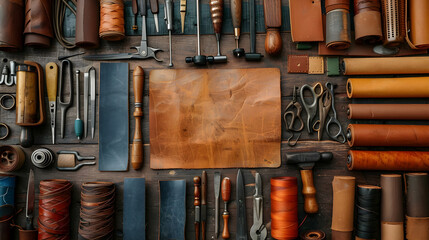 Artisan's Arsenal: A Collection of Traditional Tools for Leatherworking - obrazy, fototapety, plakaty