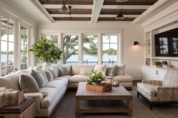 Fototapeta premium Beadboard Bliss: Coastal Farmhouse Living Room Ideas with Architectural Interest