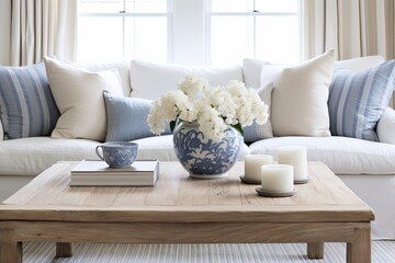 Driftwood Coffee Table: Coastal Farmhouse Living Room Ideas with Blue and White Color Scheme