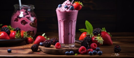 A refreshing glass of fruit smoothie topped with a variety of colorful berries and fresh mint leaves