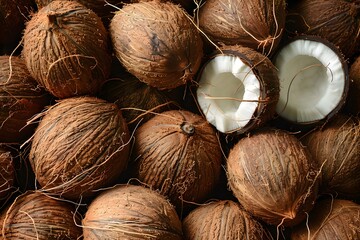 Peeled coconut fruit, brown skin, coconut meat in white