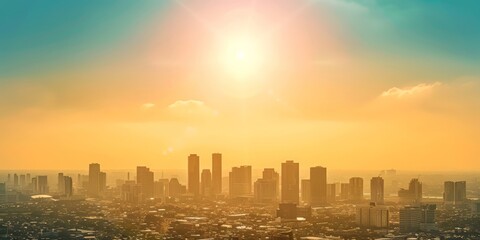 Scorching sun over city skyline signifies heatwave impact. Hazy sky from extreme heat - obrazy, fototapety, plakaty