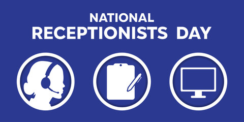 National Receptionists Day. Human, note and computer. Suitable for cards, banners, posters, social media and more. Blue background.