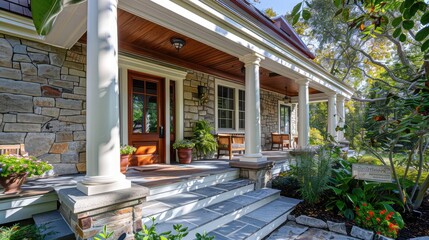 Main entrance door in house. Wooden front door with gabled porch and landing. Exterior of georgian style home cottage with white columns and stone cladding.