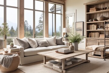 Fototapeta premium Reclaimed Wood Coastal Farmhouse Living Room Ideas: Sustainable Style Inspiration