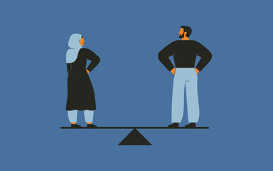 Gender equality and parity in business and society. Man and woman stand on seesaw. Couple balancing on Weight scale. Flat Vector illustration - 773890979