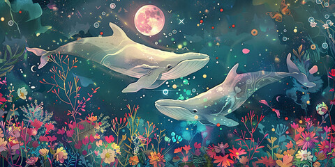 Enchanted Whales in Floral Cosmos - 773891167