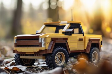 A modern pickup truck made of building blocks.