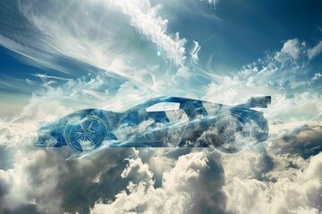 A sportscar made of clouds in the sky.