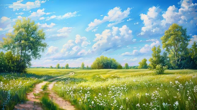 The painting features a blooming spring field, a sunny day, blue skies, as well as a light cloudy sky. Original oil painting on canvas. The work is the author's.
