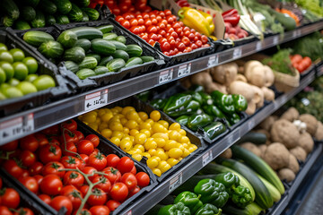 Various kinds of fresh vegetables are neatly arranged on supermarket shelves. Generative AI