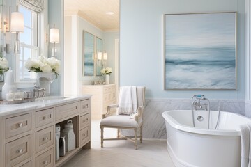 Fototapeta na wymiar Coastal Retreat Bathroom Oasis Designs: Light Blues & Sandy Beige � Coastal Getaway Vibes