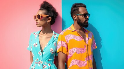 man and a woman are standing against a split background, pink and blue, respectively - obrazy, fototapety, plakaty