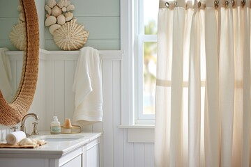 Seashell Serenity: Coastal Retreat Bathroom Oasis Designs with Breezy Curtains and Light-filled Space