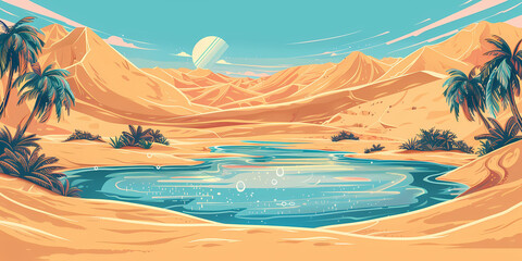 Fototapeta na wymiar Desert Mirage Oasis Illustration