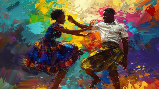 The digital painting canvas artwork depicts an African couple dancing on the floor