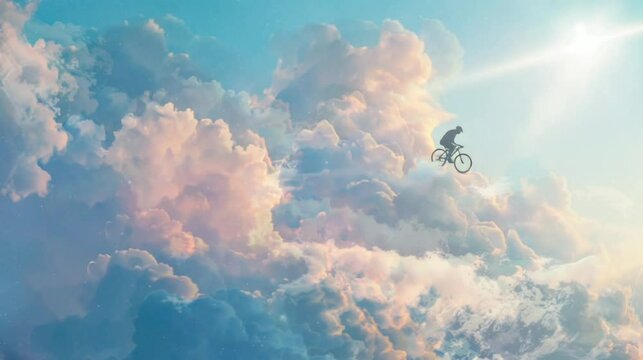 illustration of a picture of someone cycling above the clouds with amazing skills that are so beautiful and amazing seamless looping time-lapse virtual video Animation Background.