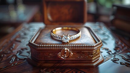  A sophisticated ring box exudes understated luxury and charm, its presence a symbol of special moments and cherished memories.  - obrazy, fototapety, plakaty