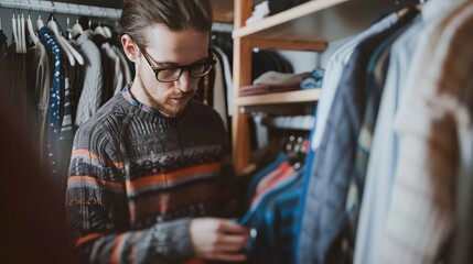 man putting some sweaters in a closet