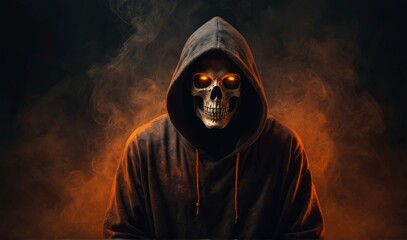 Fototapeta na wymiar Mysterious hooded figure with a skull face surrounded by orange smoke on a dark background, concept of horror and fantasy