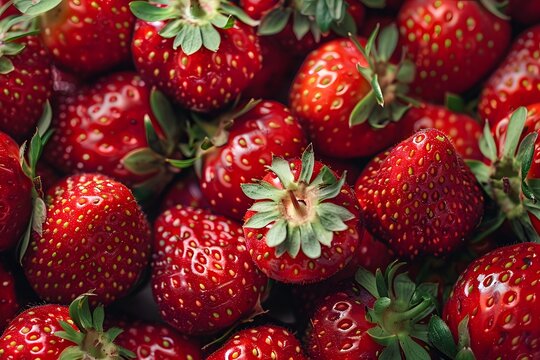 Delicious fresh red strawberries, background image, top view