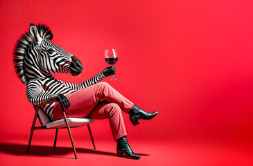 A Anthropomorphic Zebra Sitting on a Chair and Holding a Wine Glass.