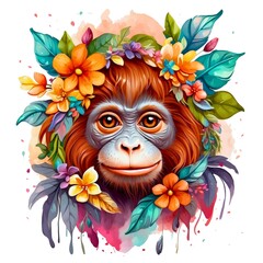 Watercolor illustration portrait of a cute adorable orangutan monkey animal with flowers on isolated white background.	
