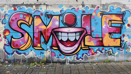 The word "SMILE" as an artistic illustration graffiti on an old concrete wall in colorful hues.