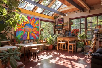 Fototapeta premium Colorful Painter's Art Studio: Natural Light, Spacious Layout, Inspirational Quotes