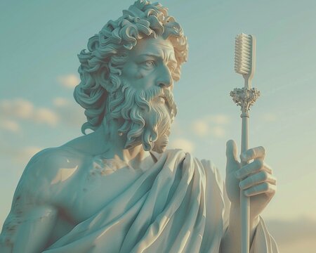 In the soft morning light, a Greek god stands before a mirror, toothbrush in hand, 3D render