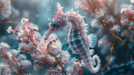 Exotic Marine Beauty: Colorful Seahorse Among Tropical Coral Reef