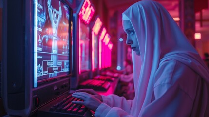 Delve into the unexpected as a nuns engagement with video games becomes a symbol of resilience and adaptability, professional color grading - obrazy, fototapety, plakaty
